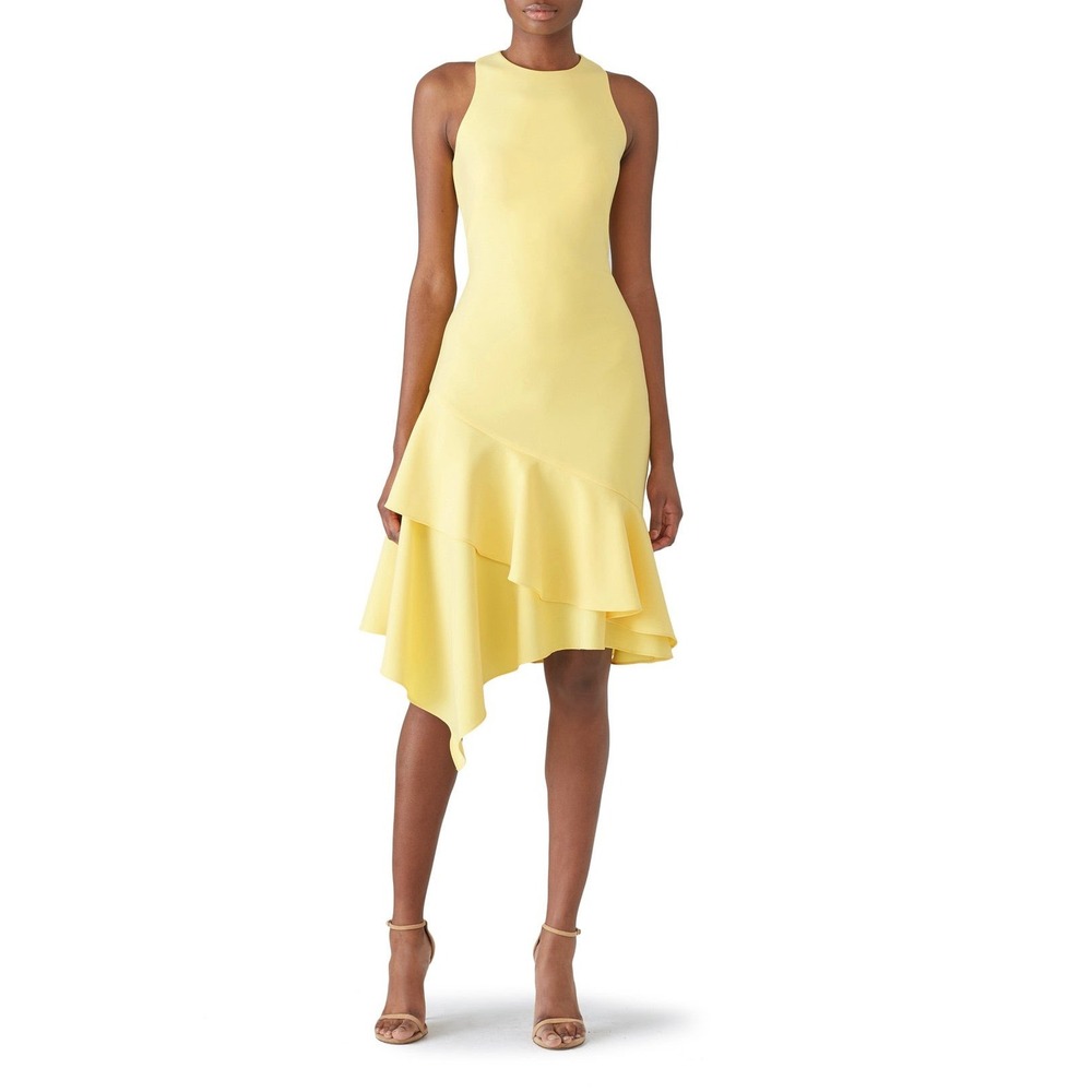 Theia Lemon Yellow Ruffle Asymmetrical Hem Crepe Dress Size 0 Sleeveless Sheath